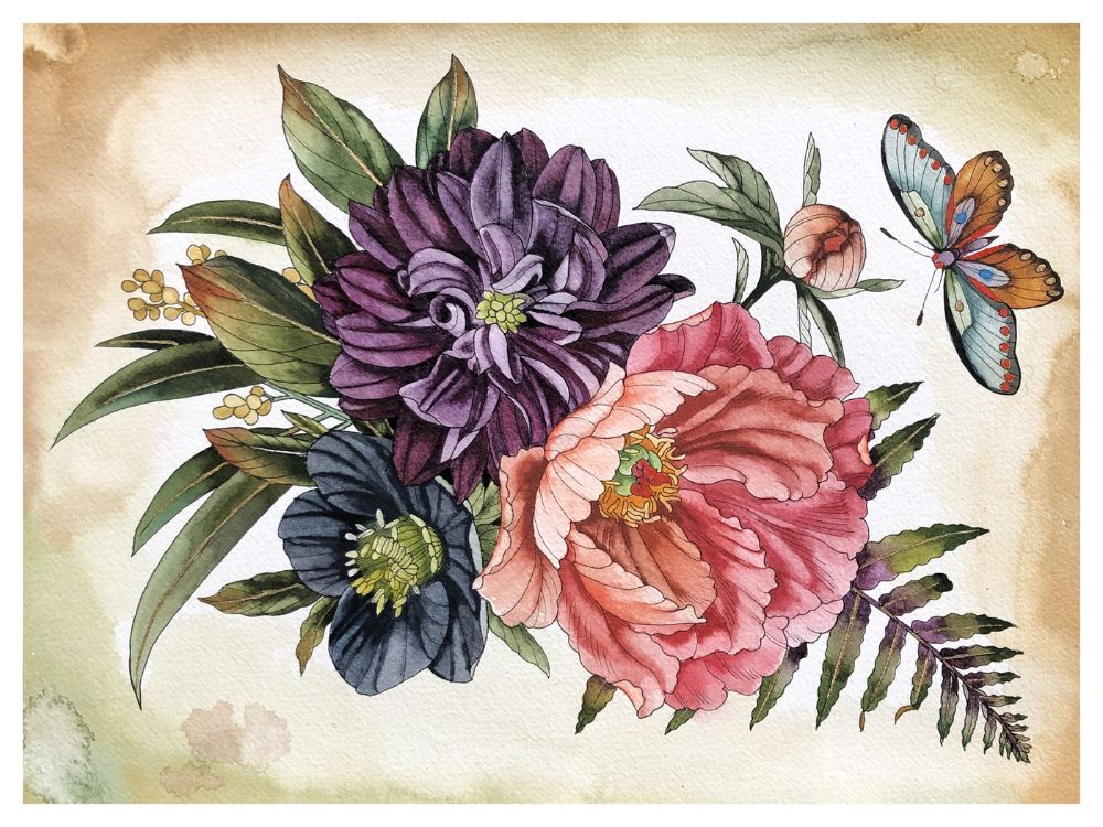 Dahlia, peony, hellebore, moth