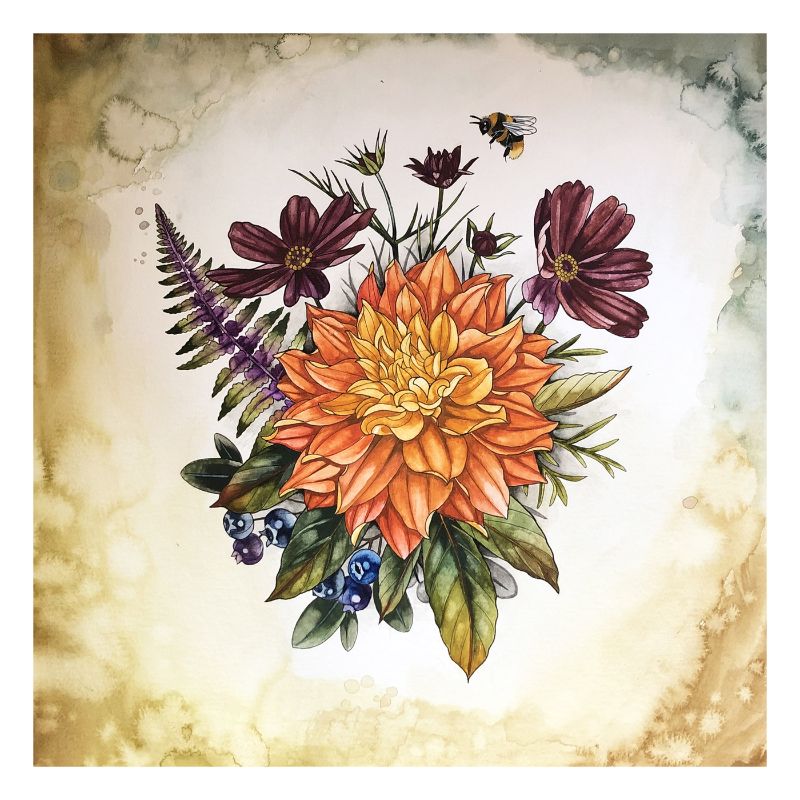 Dahlia, blueberries, cosmos