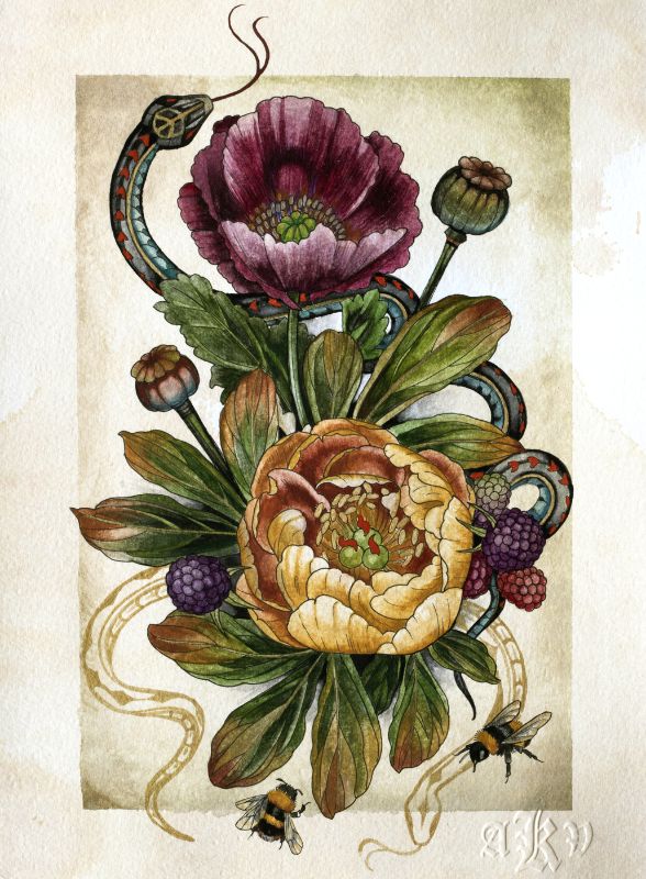 snakes, flowers, berries