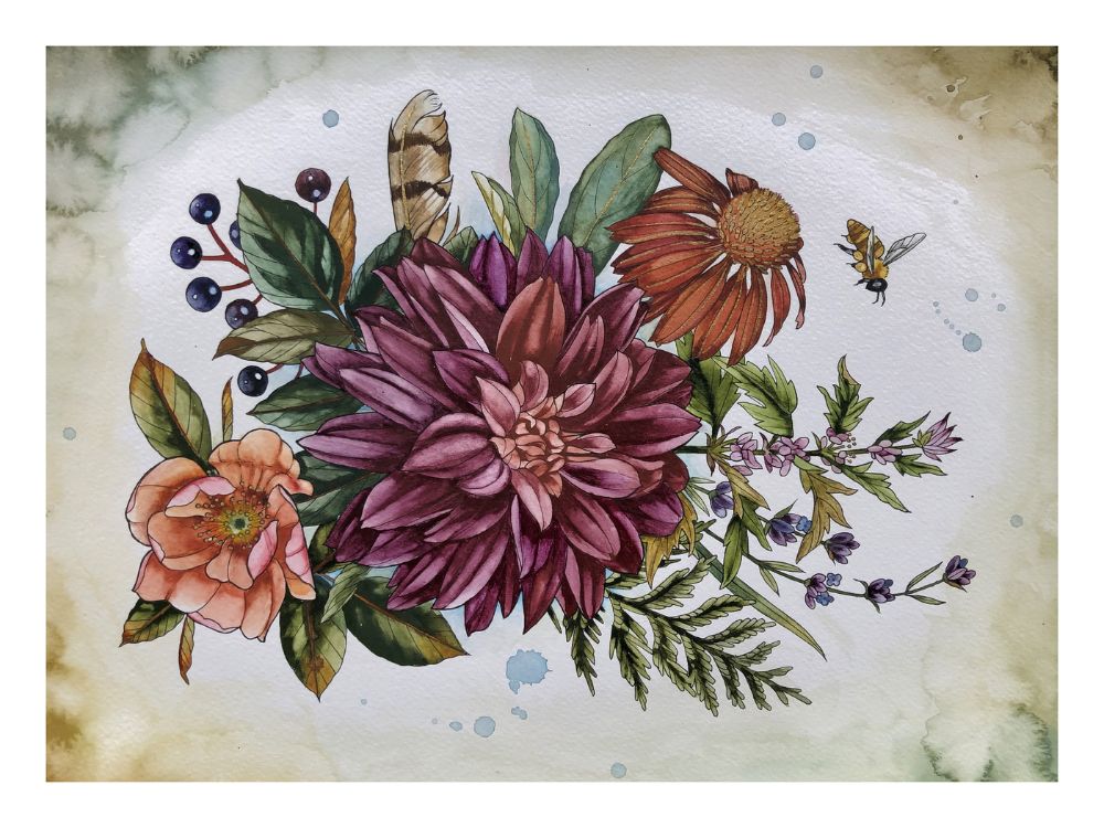 feather rose echin berry 9x12