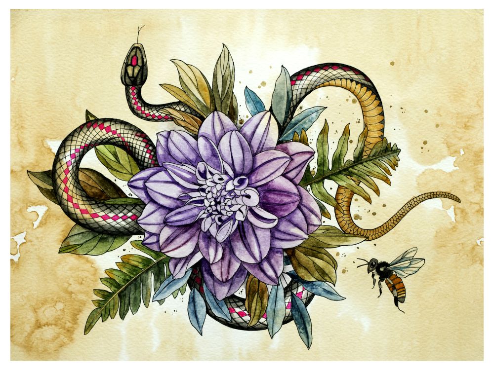 Dahlia, snake, fern and bee