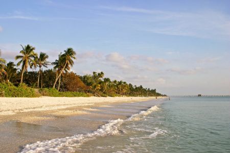 View along Naples beach from the Sea, lush greenery & sand