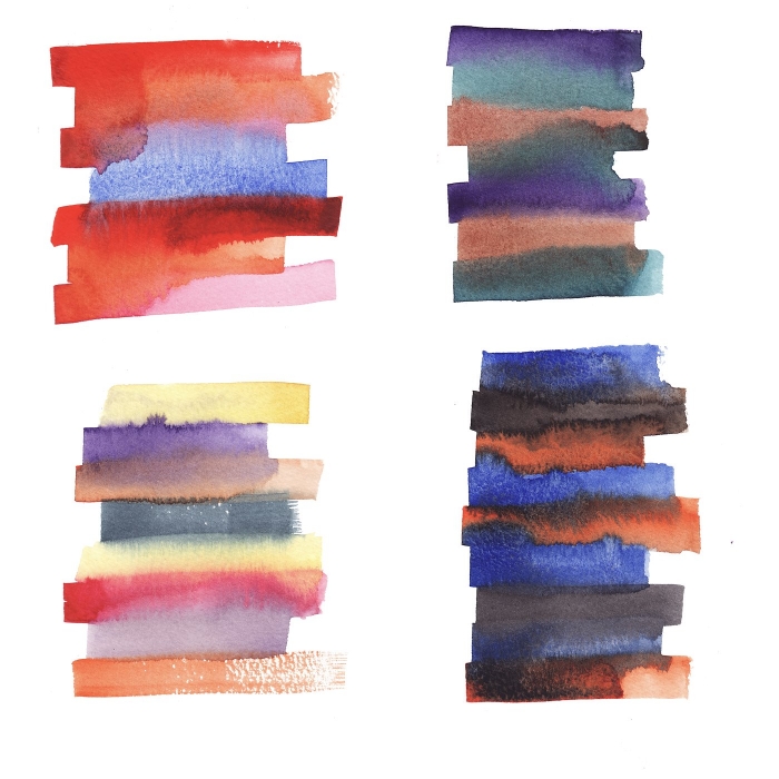 Hand painted abstract Watercolor Wet red, pink, blue and orange 