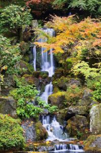A Waterfall In The Portland Japanese Garden In Autumn