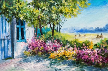 oil painting landscape - garden near the house, colorful flowers