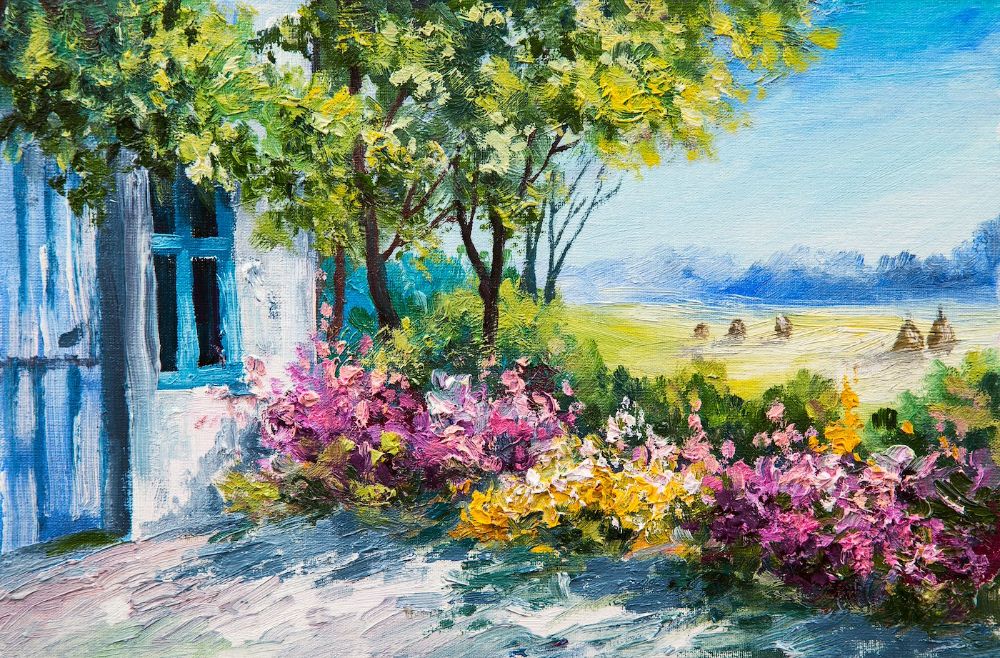 oil painting landscape - garden near the house, colorful flowers