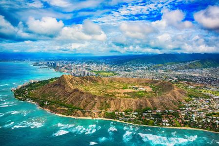 Aerial of Honolulu Hawaii Beyond Diamond Head