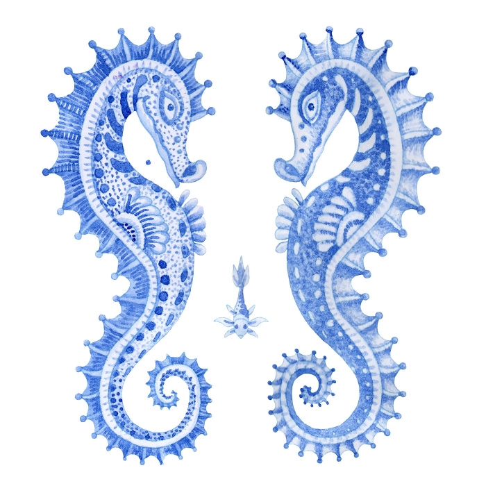 Set of hand painted indigo blue fairy tale sea animals. Watercol