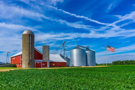 Midwest farm with spring  crop and red barn,Indiana