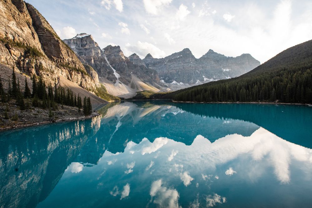 Moraine Lake Summer Day,Scenic view of lake and mountains agains