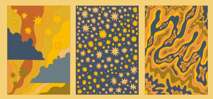 set of vector textured groovy posters.Funky psychedelic pattern.
