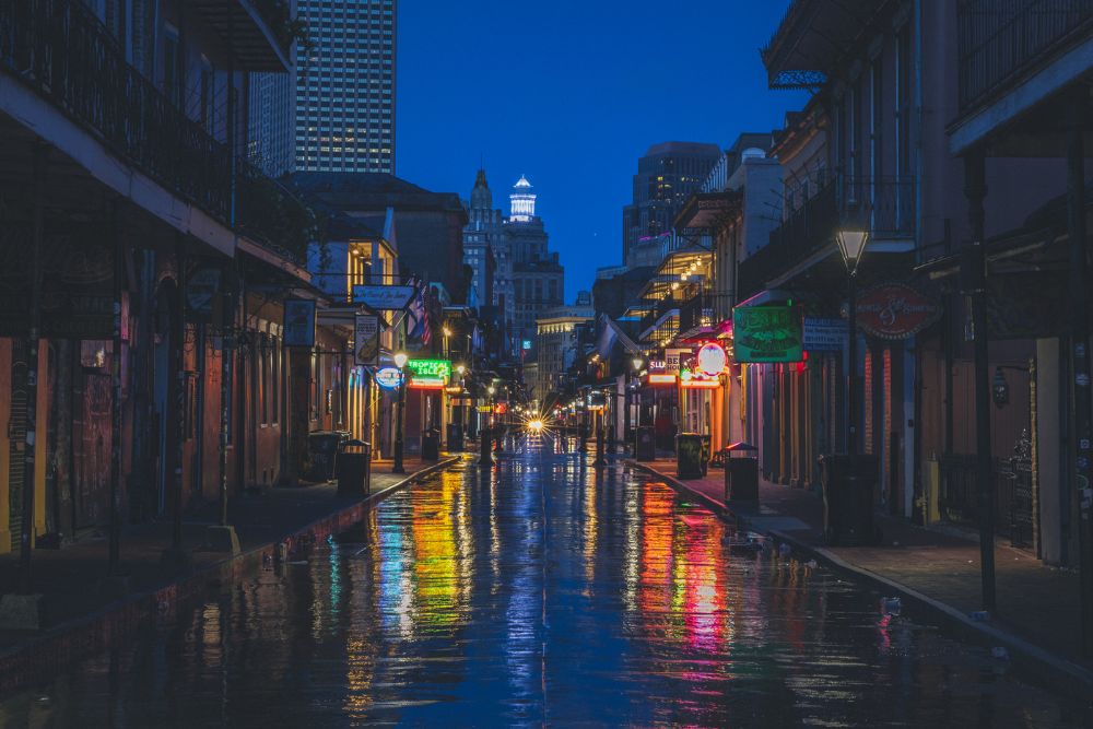 The famous Bourbon street in New Orleans without people in the m