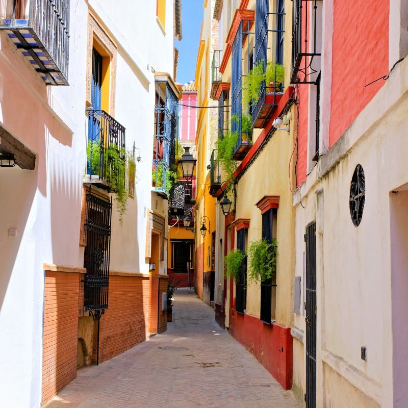 Colorful street in the old town of Sevilla, Spain