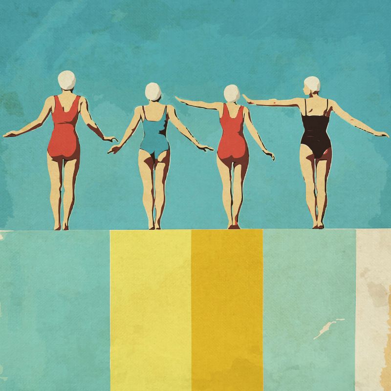 four figures on the pool coping